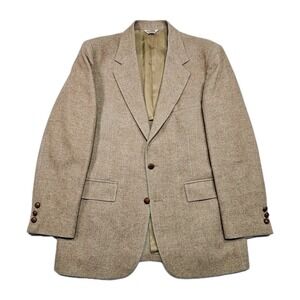 Vtg Rays Tweed Blazer Mens 40R Herringbone Tan Wool Sport Coat Leather Buttons